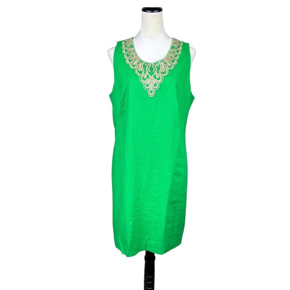 J Howard NWT Kelly Green Linen Blend Gold Lace Trim Sleeveless Shift Dress - Picture 2 of 12